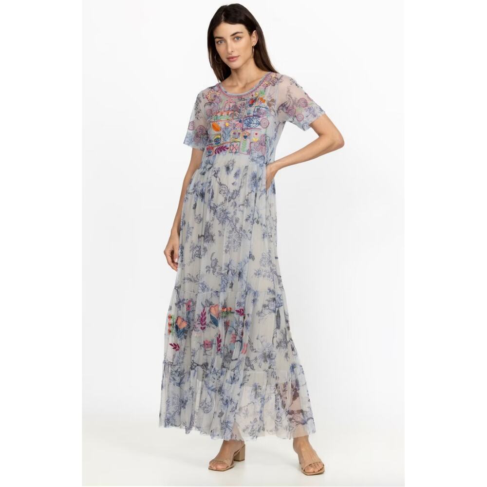 EUC Johnny Was $350 Logan Tierred Embroidered Mesh Maxi Dress